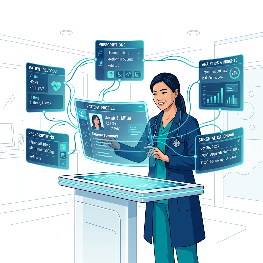 Illustration of a clinician reviewing a chart, prescriptions, and a surgical calendar.